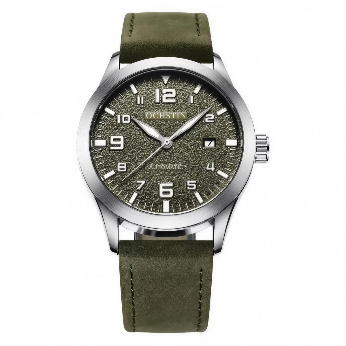 OCHSTIN military green automatic watch, 43.5mm, green leather strap