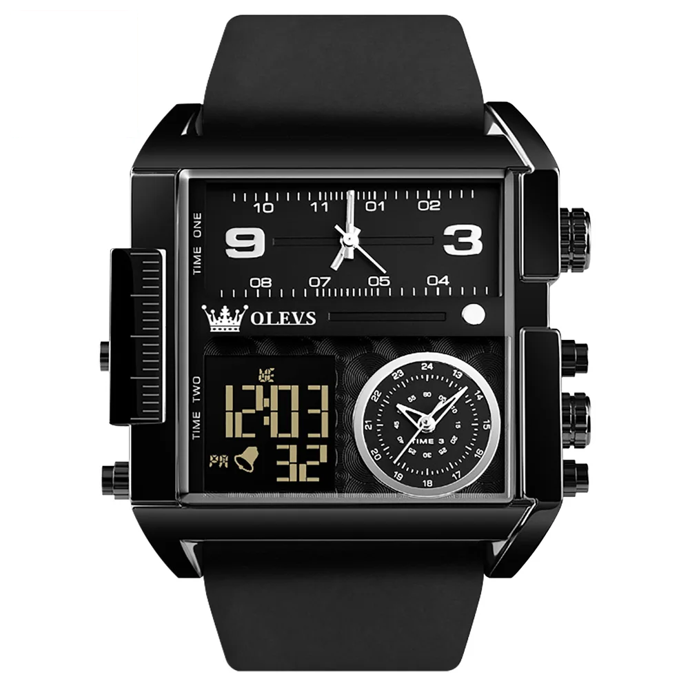 OLEVS 1101 black square analog-digital quartz watch with black leather strap