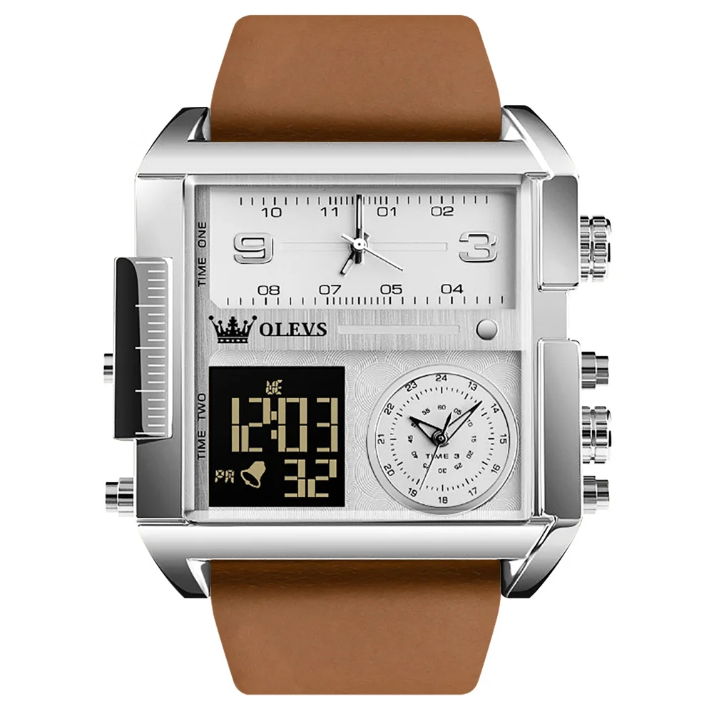OLEVS 1101 silver square analog-digital quartz watch with brown leather strap