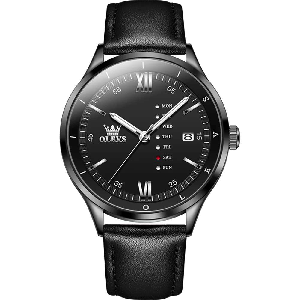 AWC OLEVS All Black day-date quartz watch with black leather band