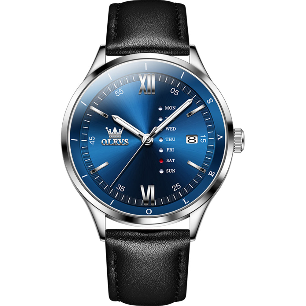 AWC OLEVS Blue day-date quartz watch with black leather band