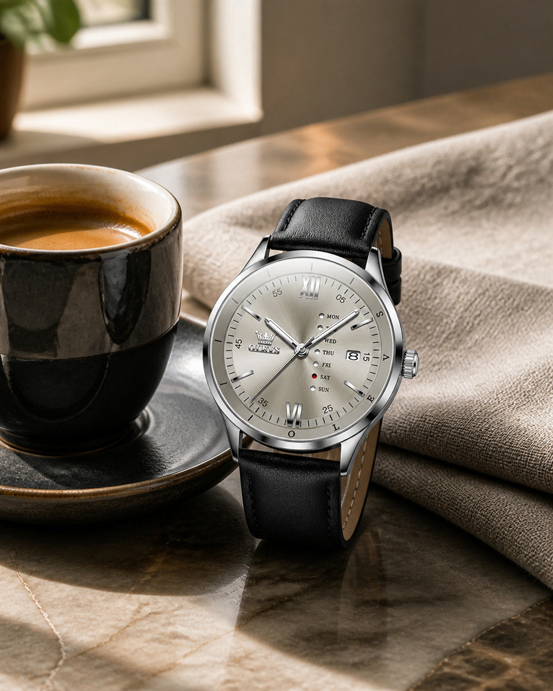 OLEVS Gray day-date watch with coffee