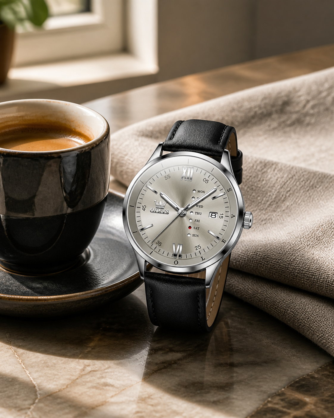 OLEVS Gray day-date watch with coffee