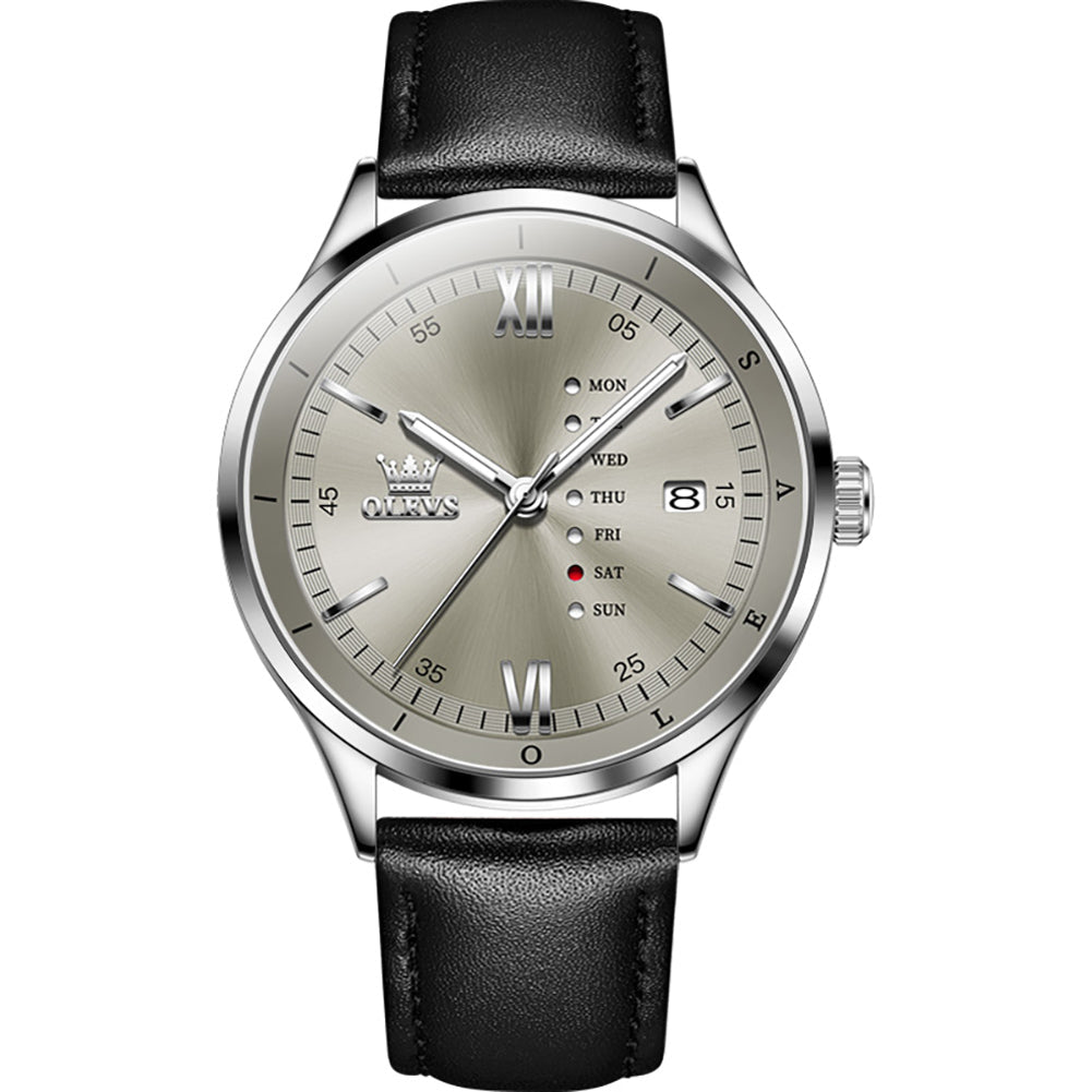AWC OLEVS Gray day-date quartz watch with black leather band