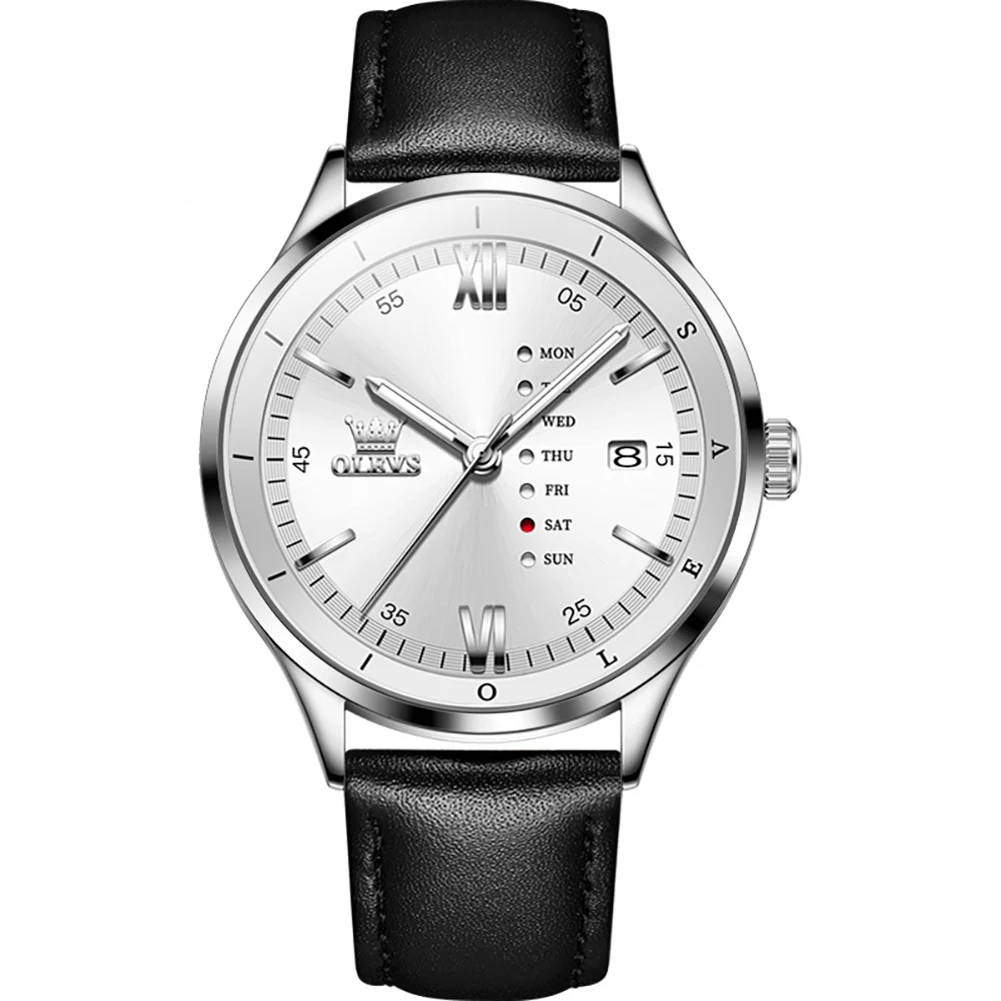 AWC OLEVS White day-date quartz watch with black leather band