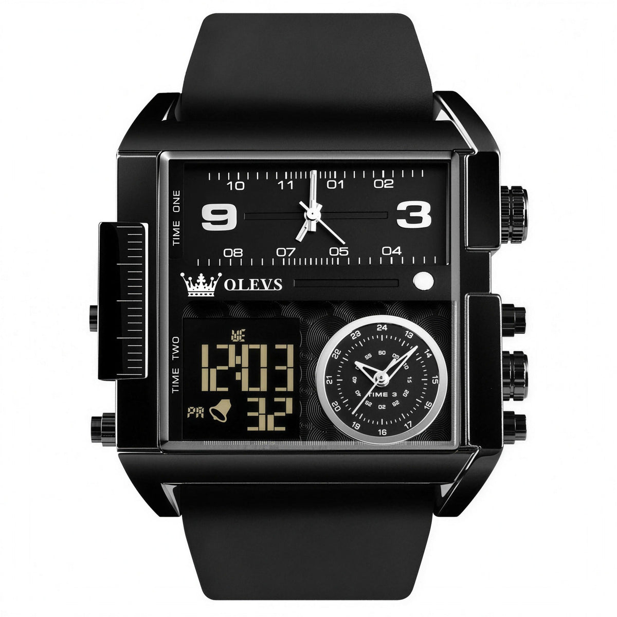 OLEVS square analog-digital quartz watch, black case and strap
