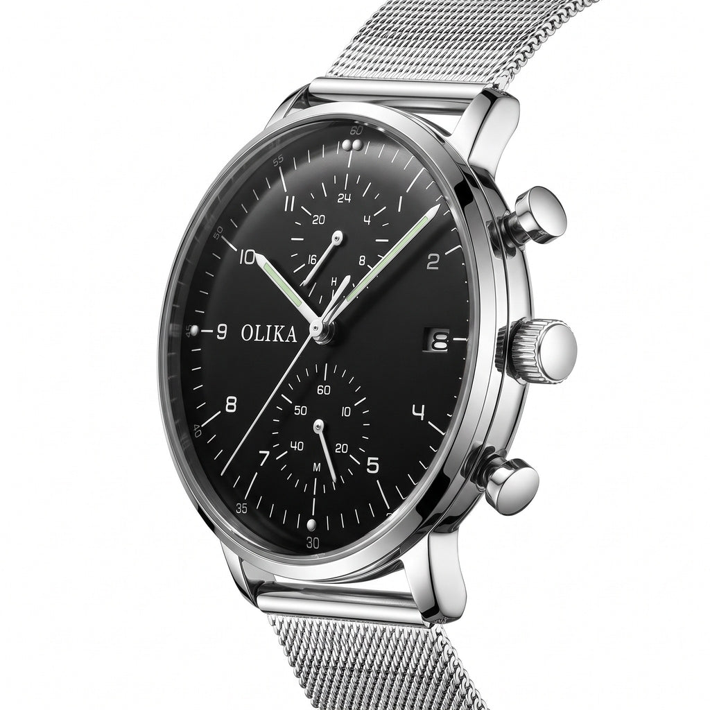 OLIKA black dial quartz chronograph, silver mesh, angled view of the crown and two chronograph pushers