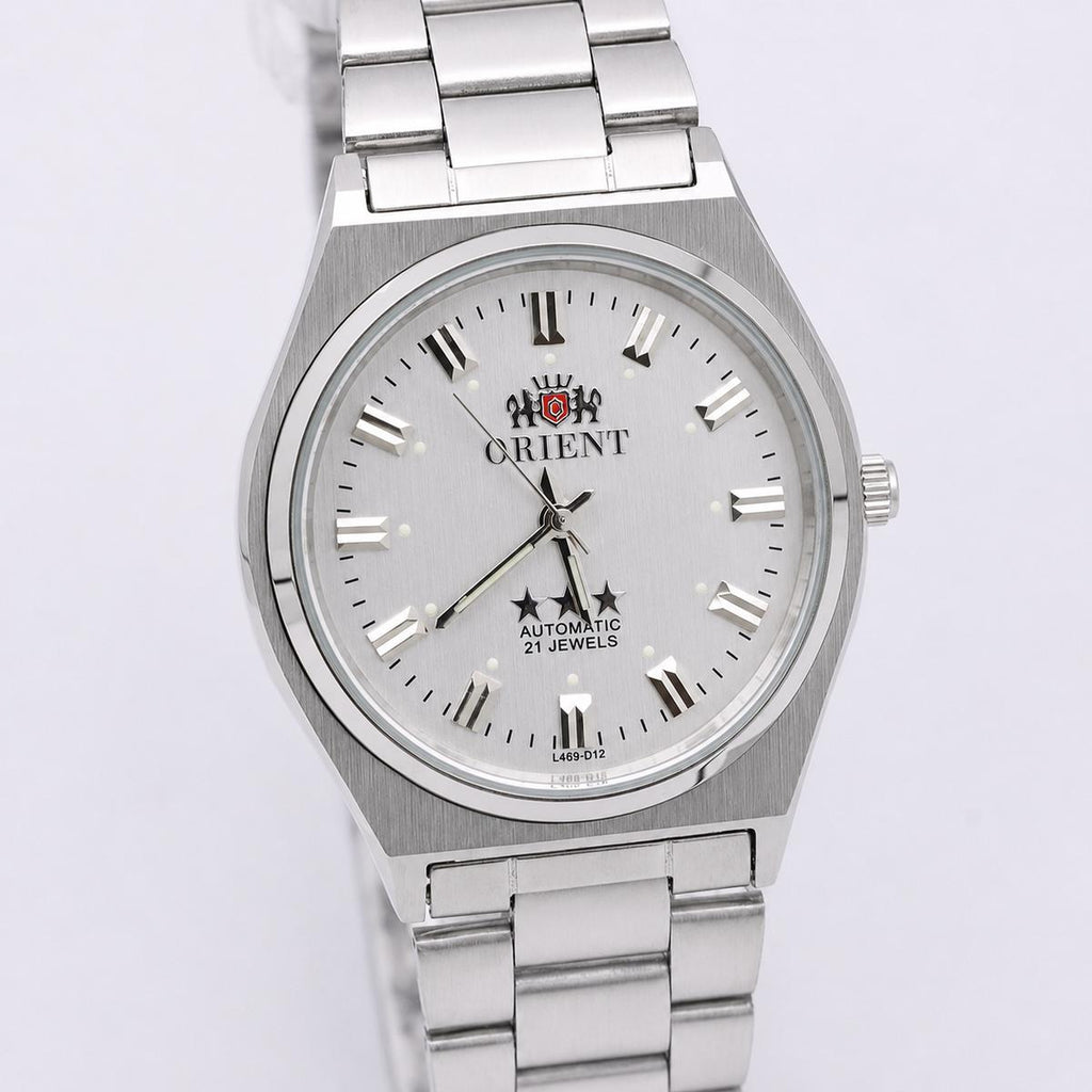 Orient 3 Stars L469-D12 silver automatic watch, full view with stainless steel bracelet