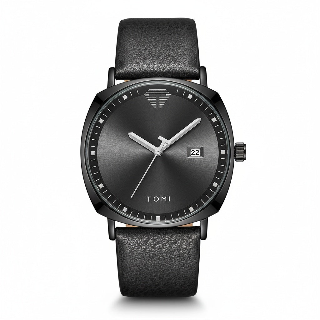 TOMI cushion-case quartz watch, black case, black sunburst dial, black leather strap