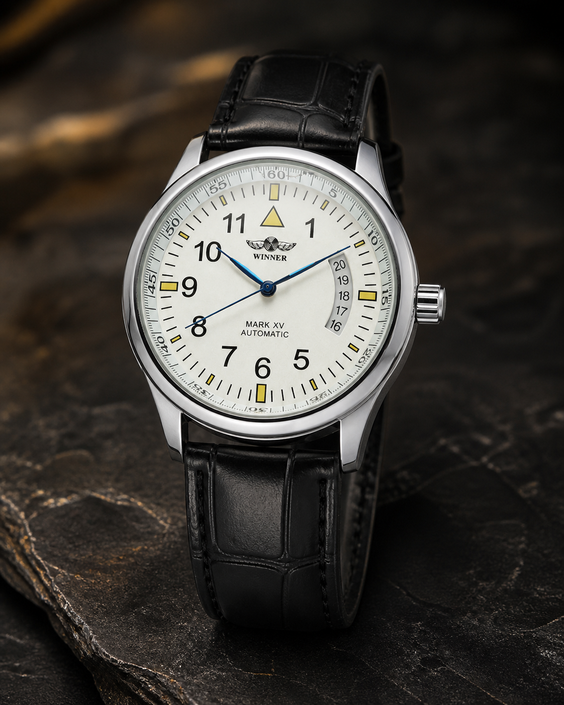 WINNER WRG8024 White dial quartz watch with black leather strap in dark lifestyle setting