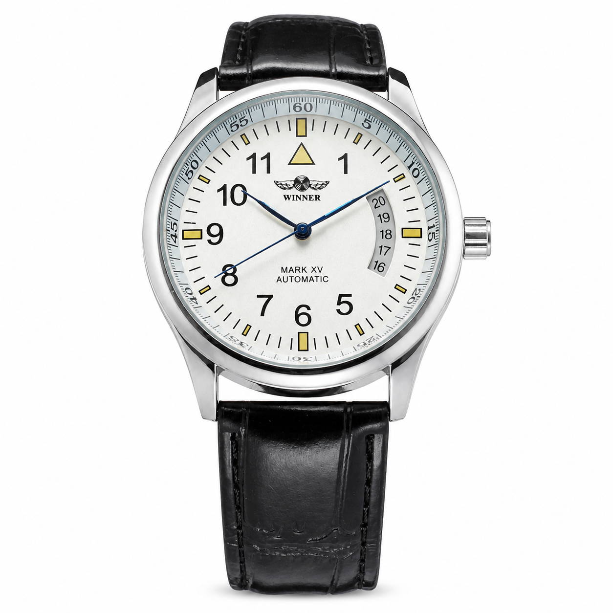 WINNER WRG8024 pilot-style quartz watch with White dial and black leather strap on white background