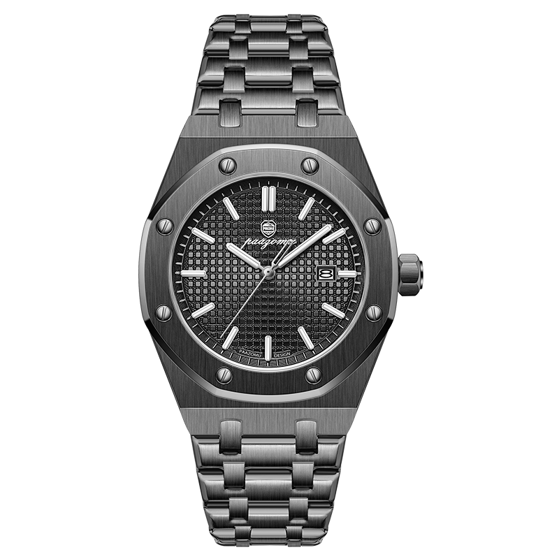PAAZOMU luminous date quartz watch, black case with black dial and integrated steel bracelet