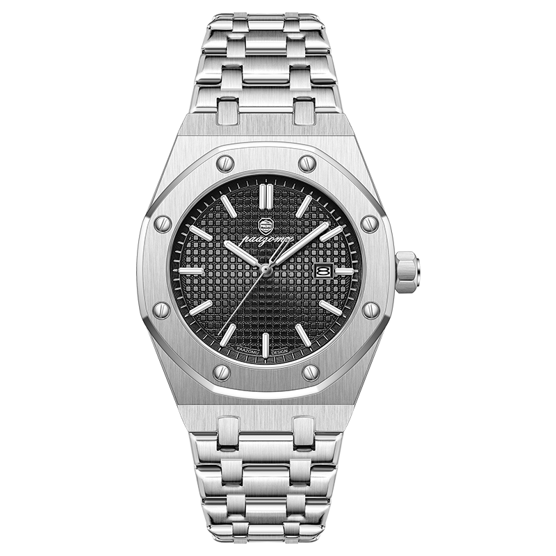 PAAZOMU luminous date quartz watch, silver case with black dial and integrated steel bracelet