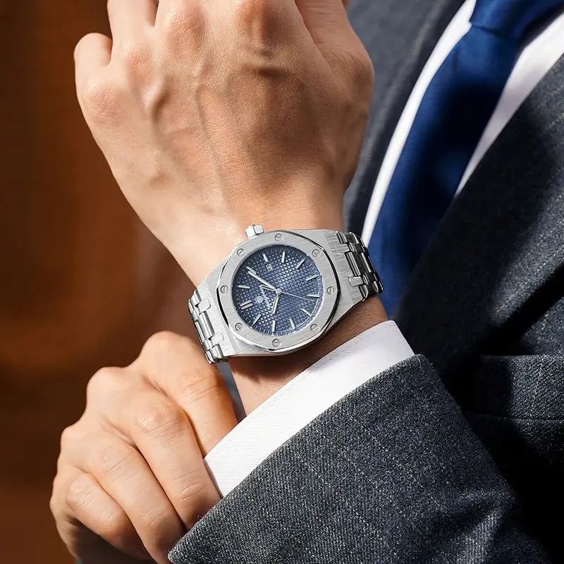 PAAZOMU integrated bracelet watch worn with a suit