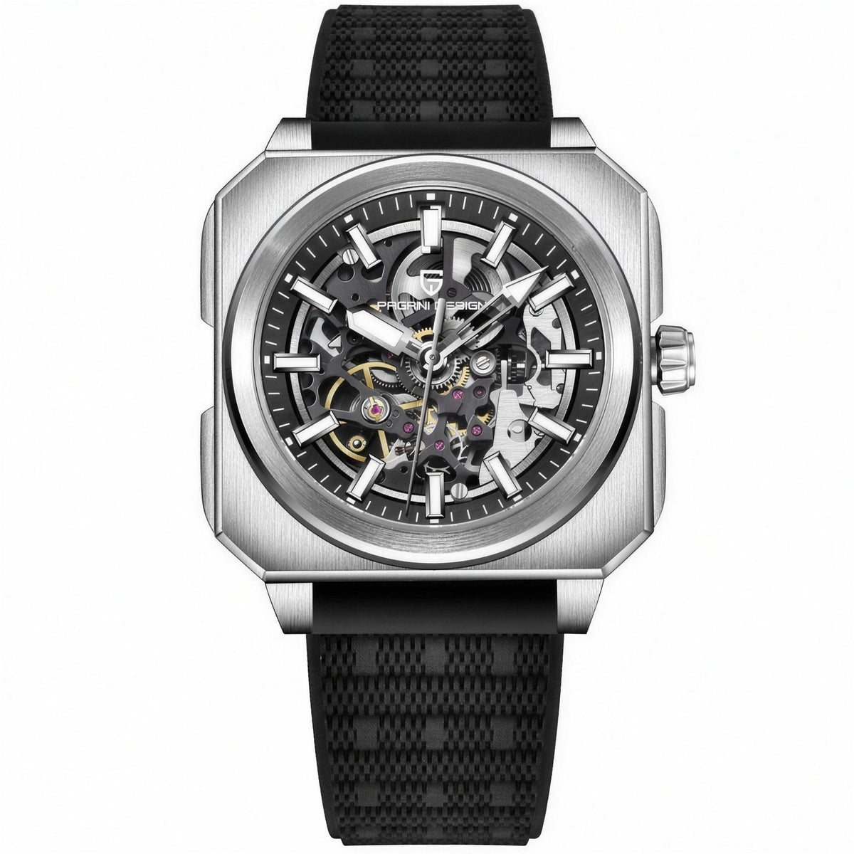 Pagani Design black skeleton automatic watch, 38mm