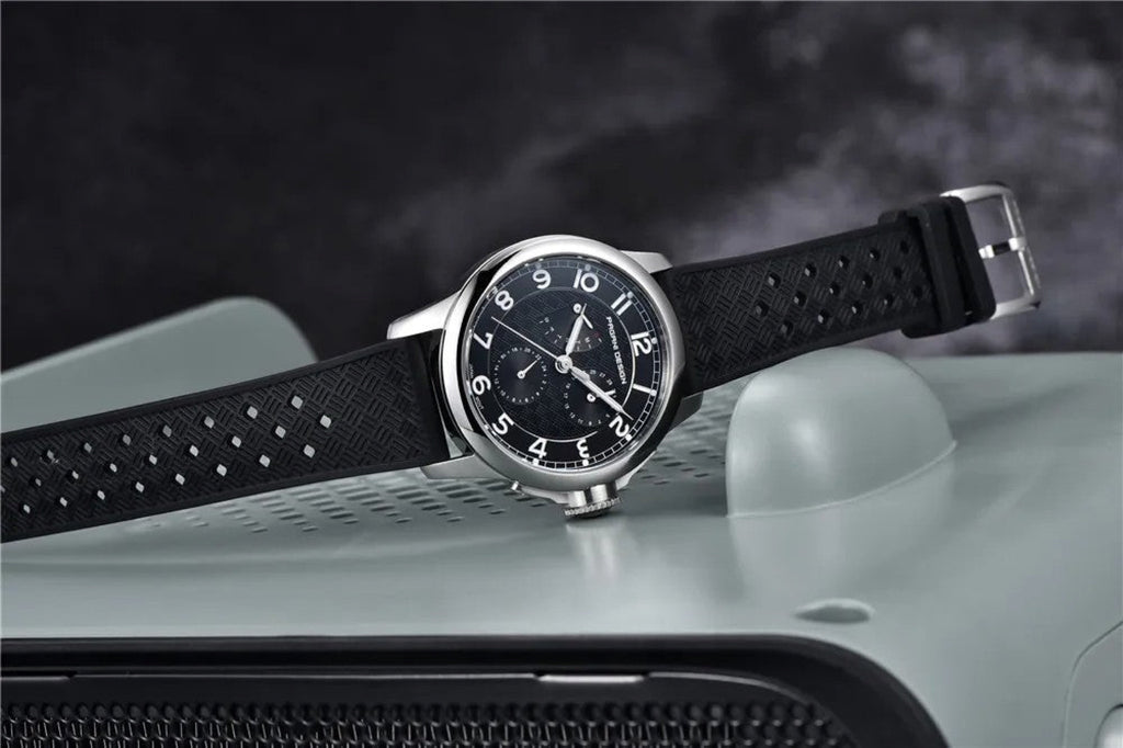 PAGANI DESIGN 1780 Black quartz watch flat lay with strap extended