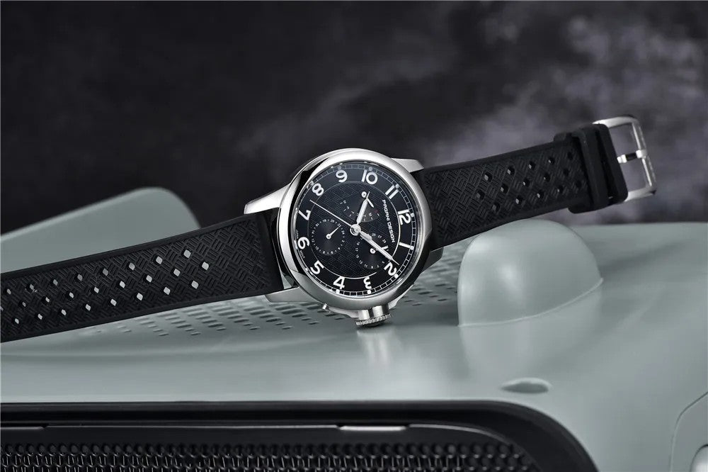 PAGANI DESIGN 1780 Black quartz watch flat lay with strap extended