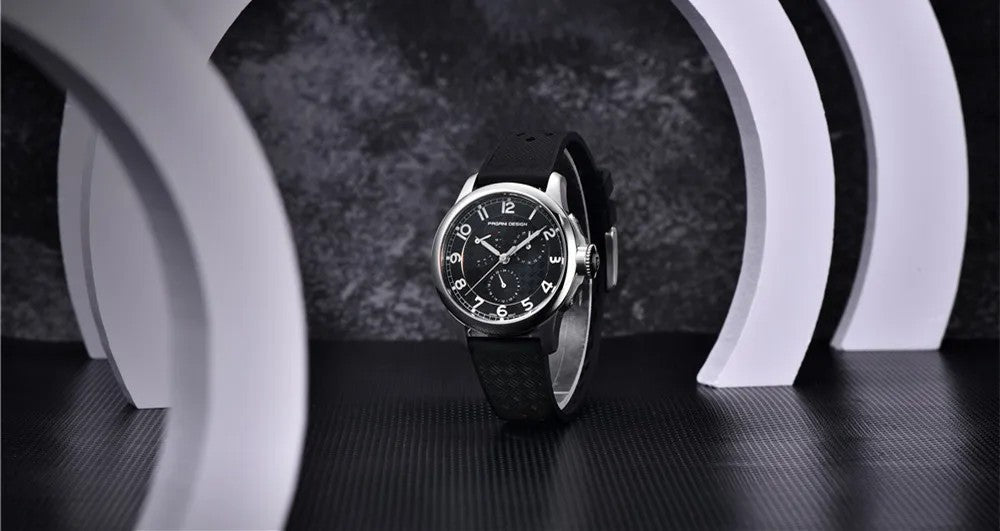 PAGANI DESIGN 1780 Black quartz watch in an architectural studio setting