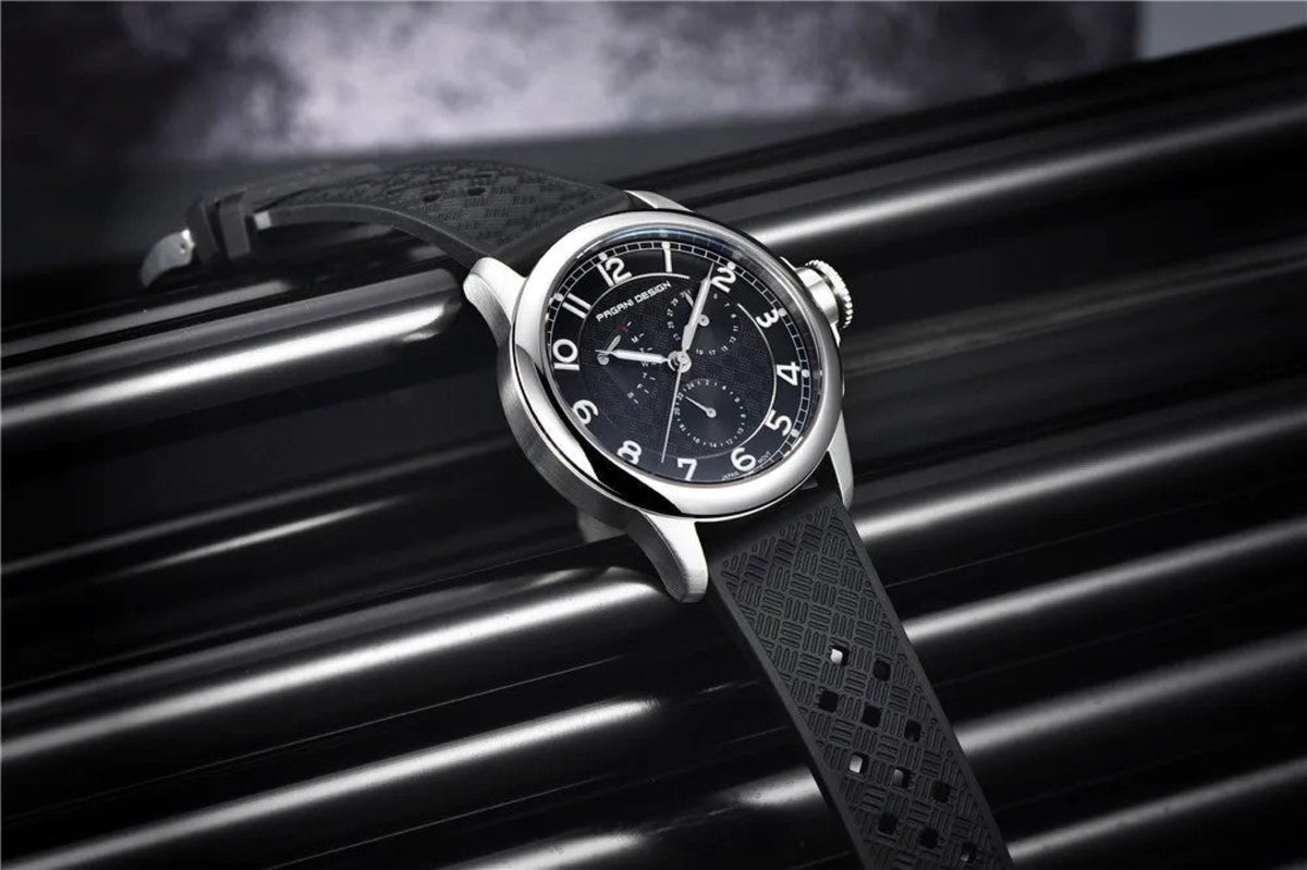 PAGANI DESIGN 1780 Black quartz watch displayed on black rails
