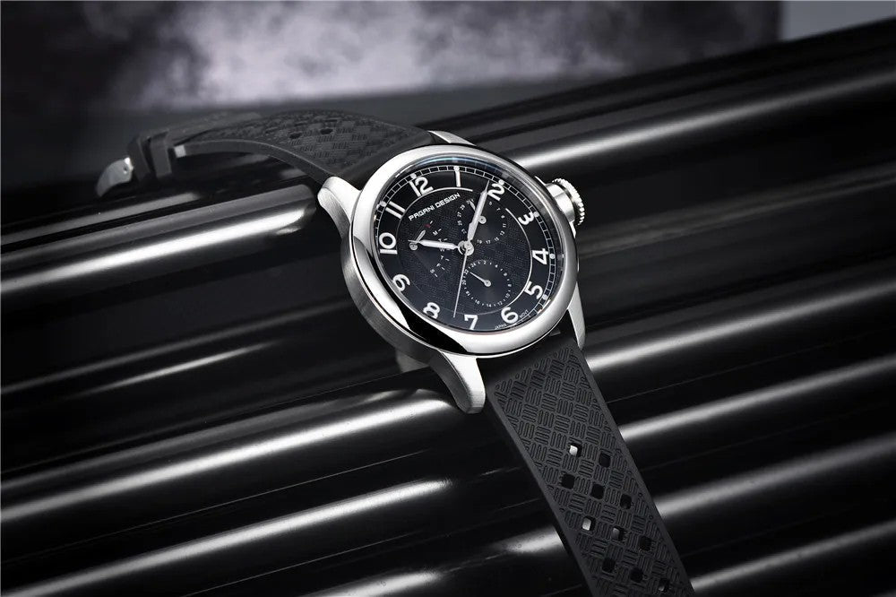 PAGANI DESIGN 1780 Black quartz watch displayed on black rails