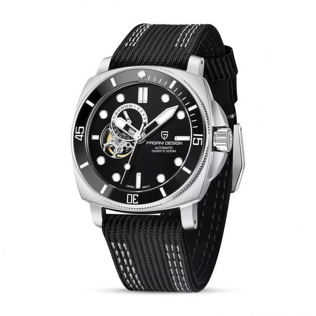PAGANI DESIGN PD1736 black open-heart automatic watch, 43mm, nylon strap
