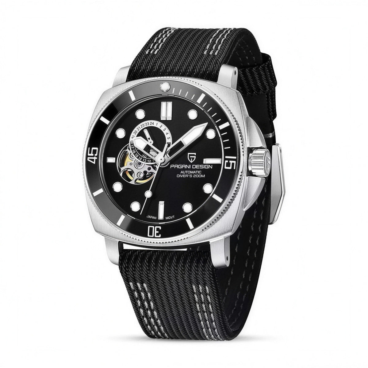 PAGANI DESIGN PD1736 black open-heart automatic watch, 43mm, nylon strap