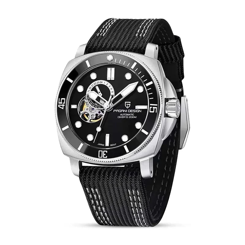 PAGANI DESIGN PD1736 black open-heart automatic watch with black nylon strap