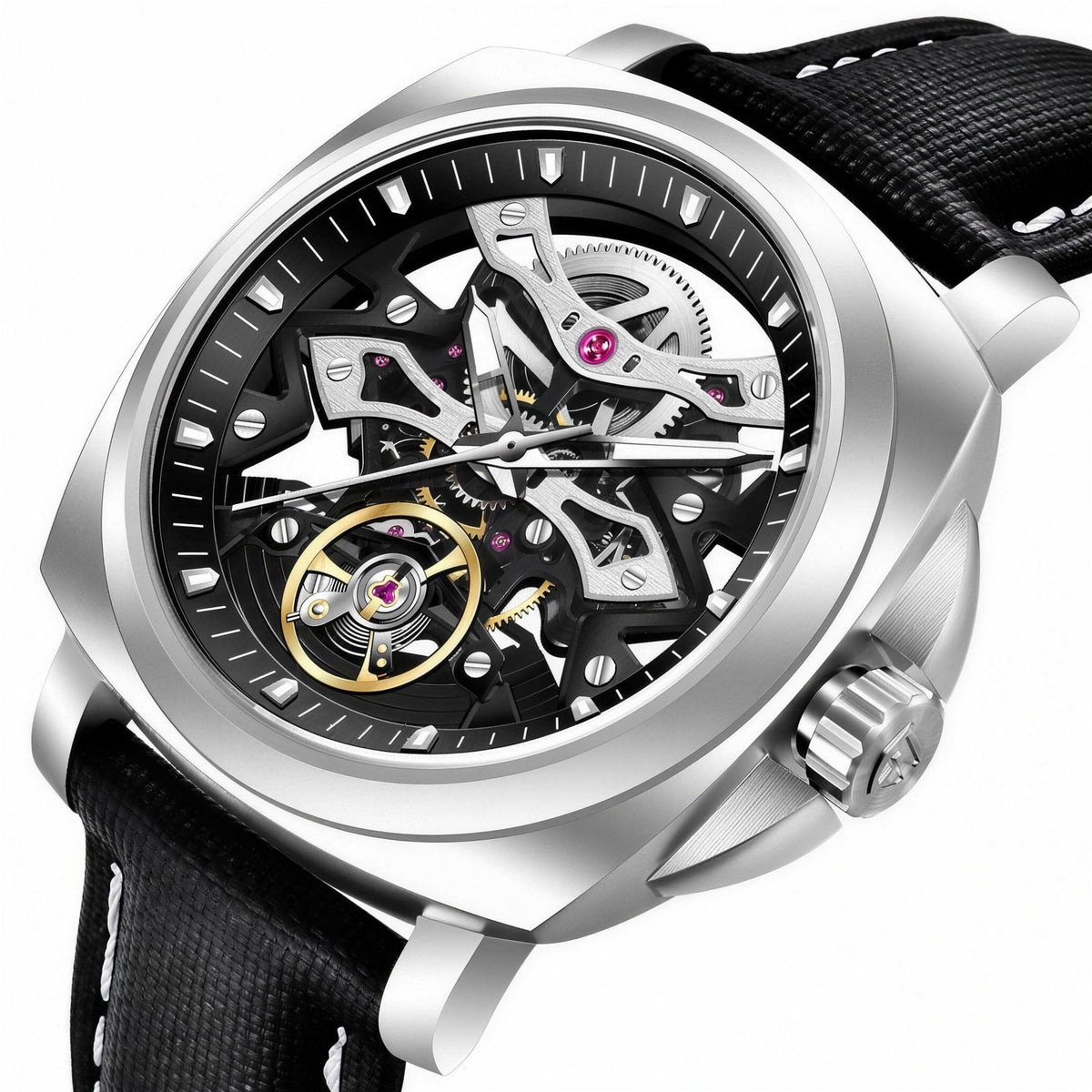 PAGANI DESIGN YS017 skeleton automatic watch, steel case, black strap