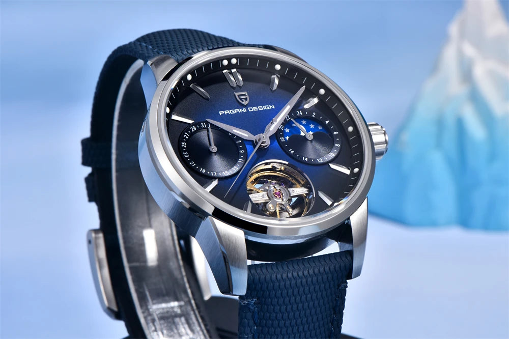 Pagani Design YS021 blue dial automatic watch angled view