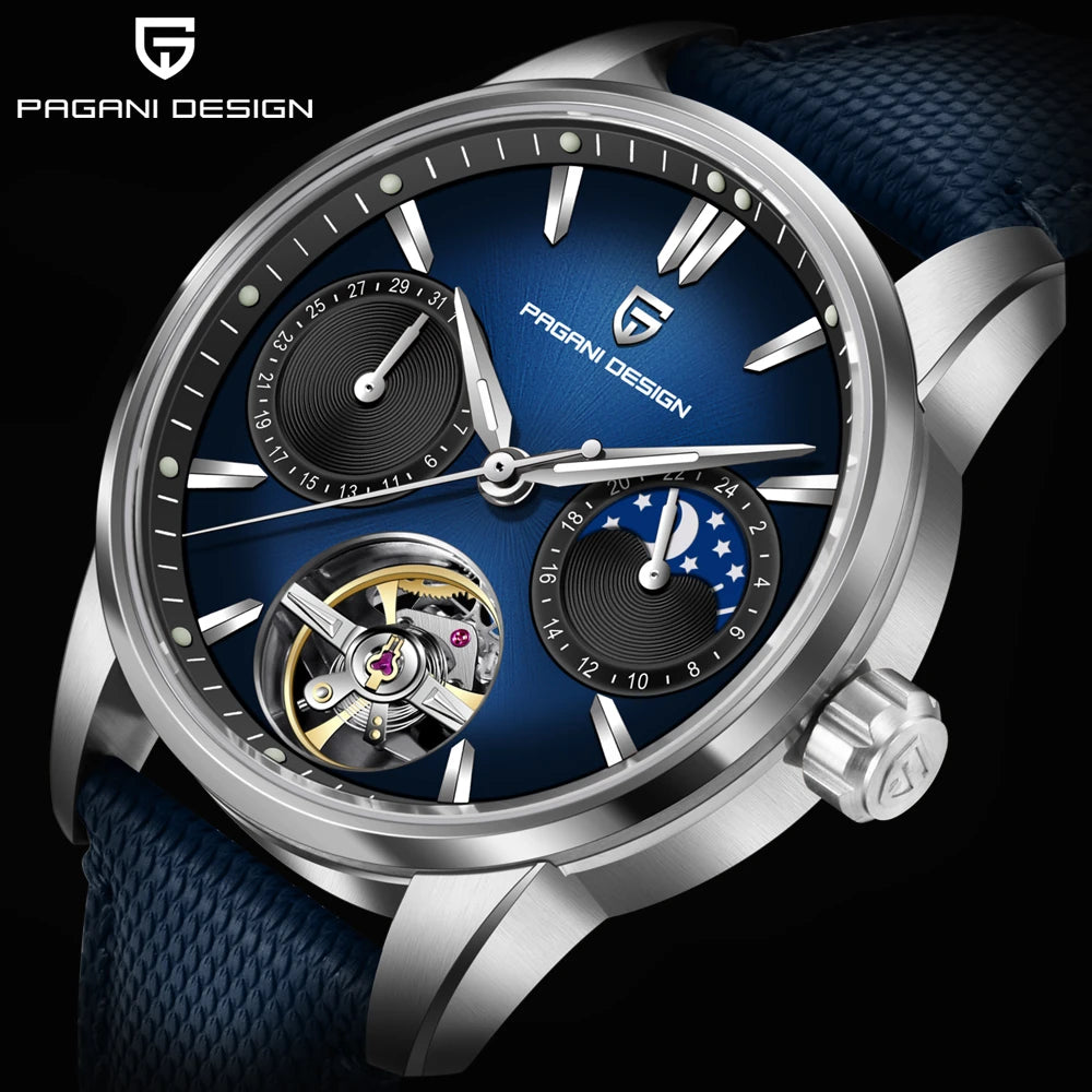 Pagani Design YS021 blue dial close-up with moon phase and open balance