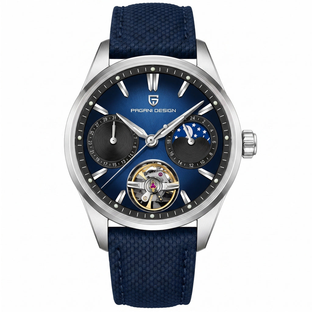Pagani Design YS021 blue dial automatic watch with blue strap on white, PAGANI DESIGN logo visible