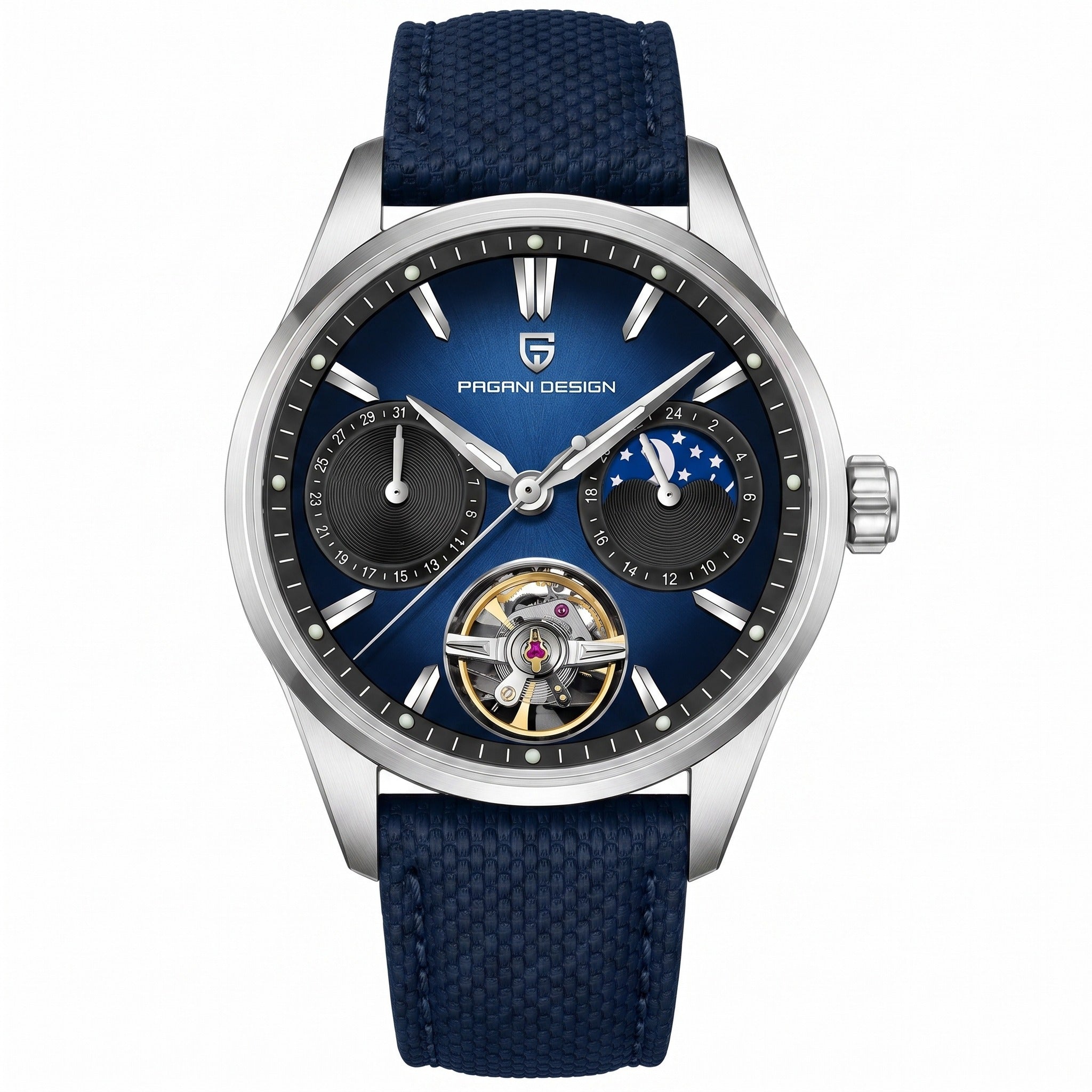 Pagani Design YS021 blue dial automatic watch with blue strap on white, PAGANI DESIGN logo visible