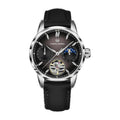 Pagani Design YS021 automatic watch, 41mm, silver case with brown-black dial and moon phase, black textured strap, on white