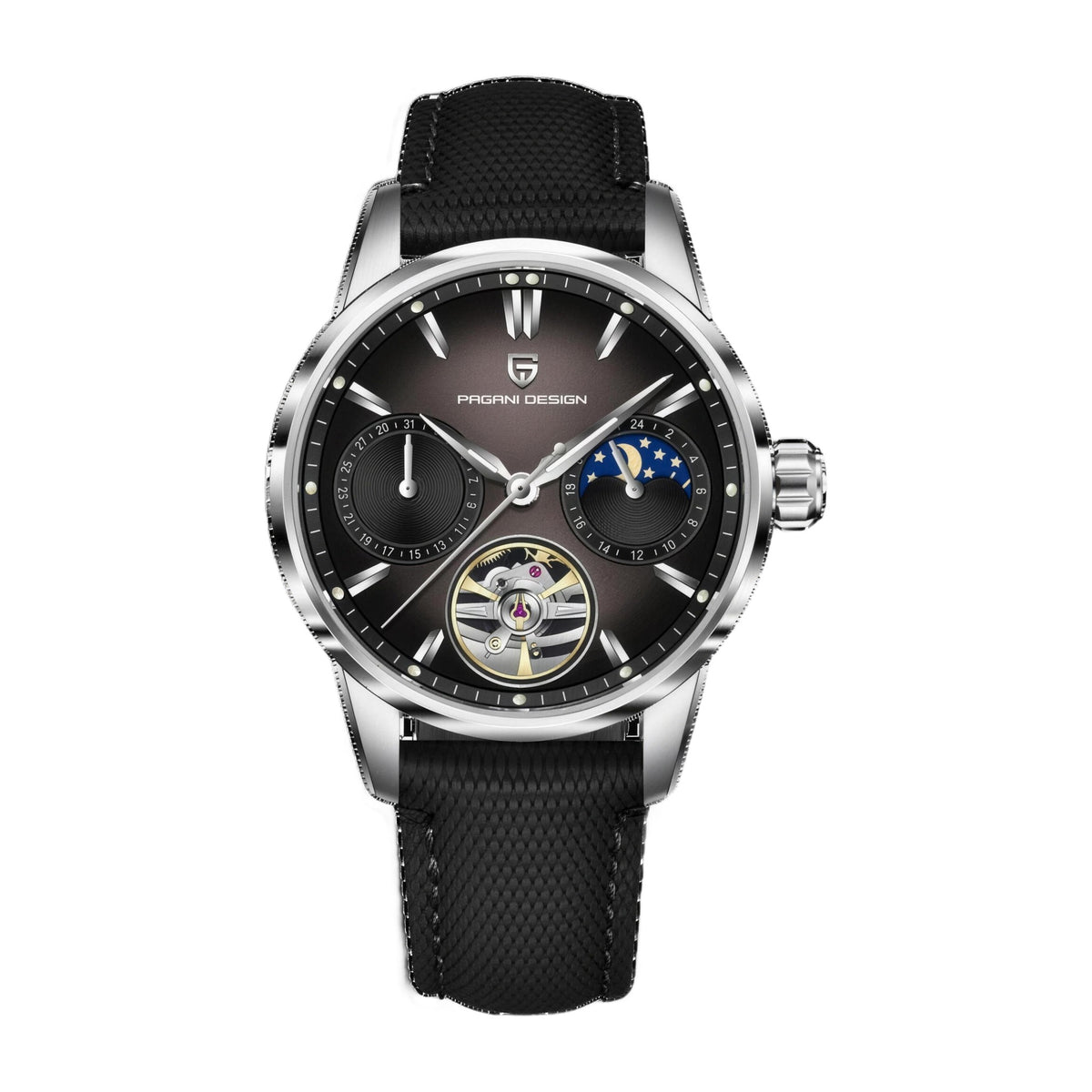 Pagani Design YS021 automatic watch, 41mm, silver case with brown-black dial and moon phase, black textured strap, on white