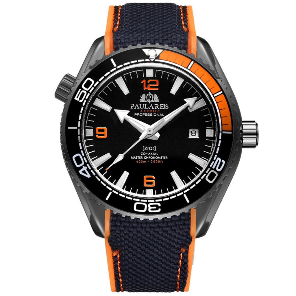 Paulareis sport automatic watch with black case, black dial, and orange-black nylon strap
