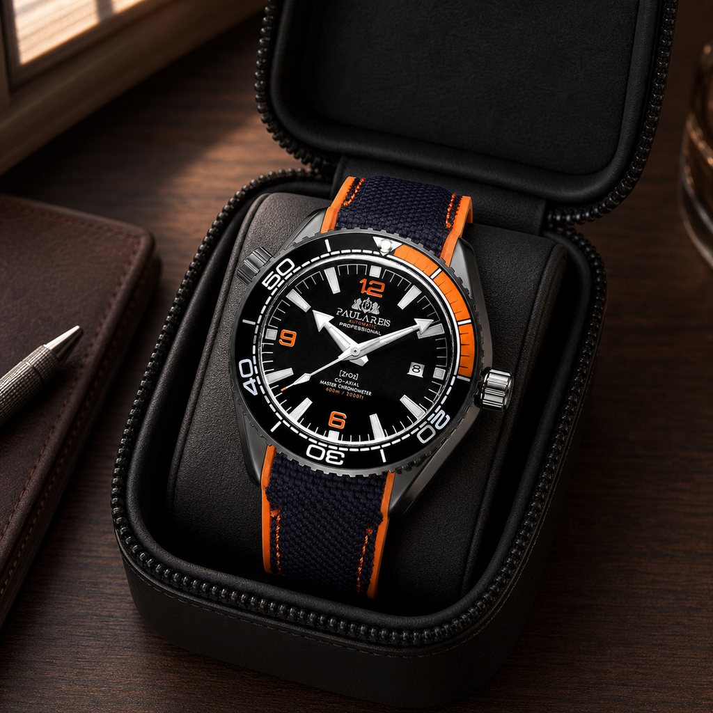 Paulareis black and orange sport automatic watch in a valet tray