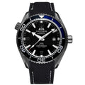 Paulareis sport automatic watch with black case, black dial, and blue-black nylon strap