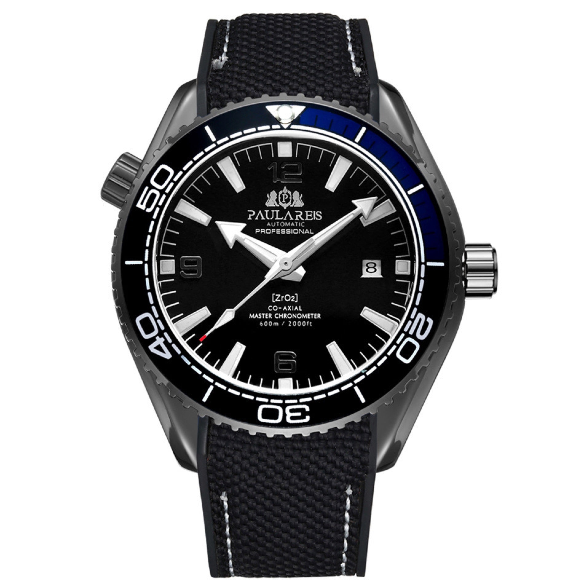 Paulareis sport automatic watch with black case, black dial, and blue-black nylon strap