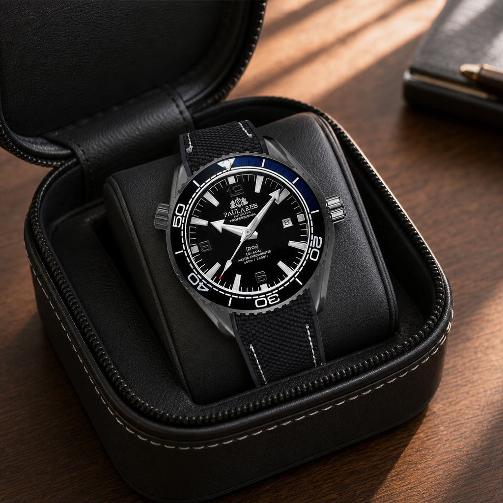 Paulareis black and blue sport automatic watch in a valet tray