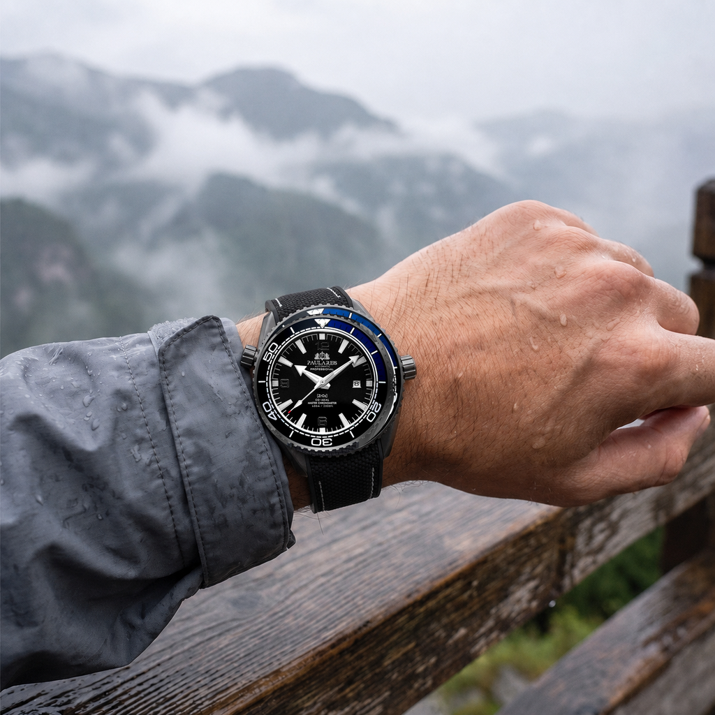 Paulareis blue and black sport automatic watch worn at a misty mountain overlook