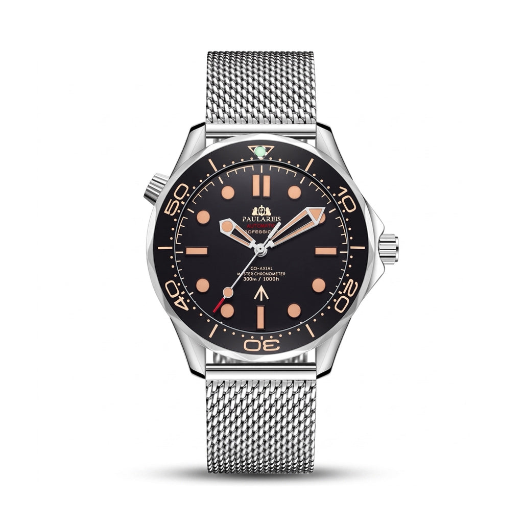 PAULAREIS silver automatic watch with black dial and mesh bracelet on white background