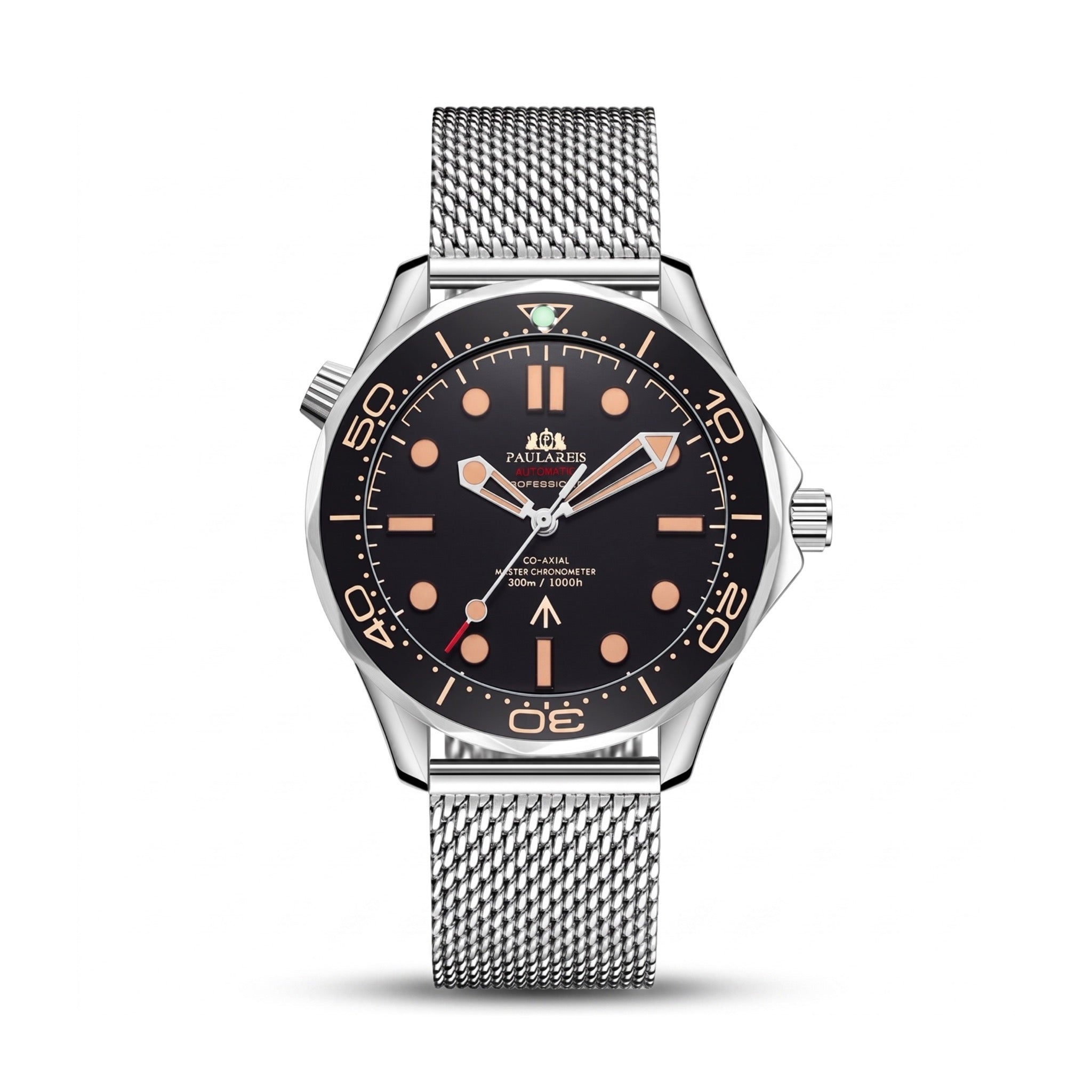 PAULAREIS silver automatic watch with black dial and mesh bracelet on white background