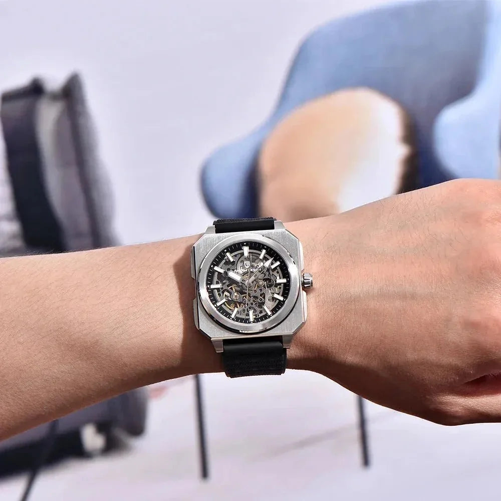 Pagani Design black skeleton automatic worn on the wrist with black rubber strap