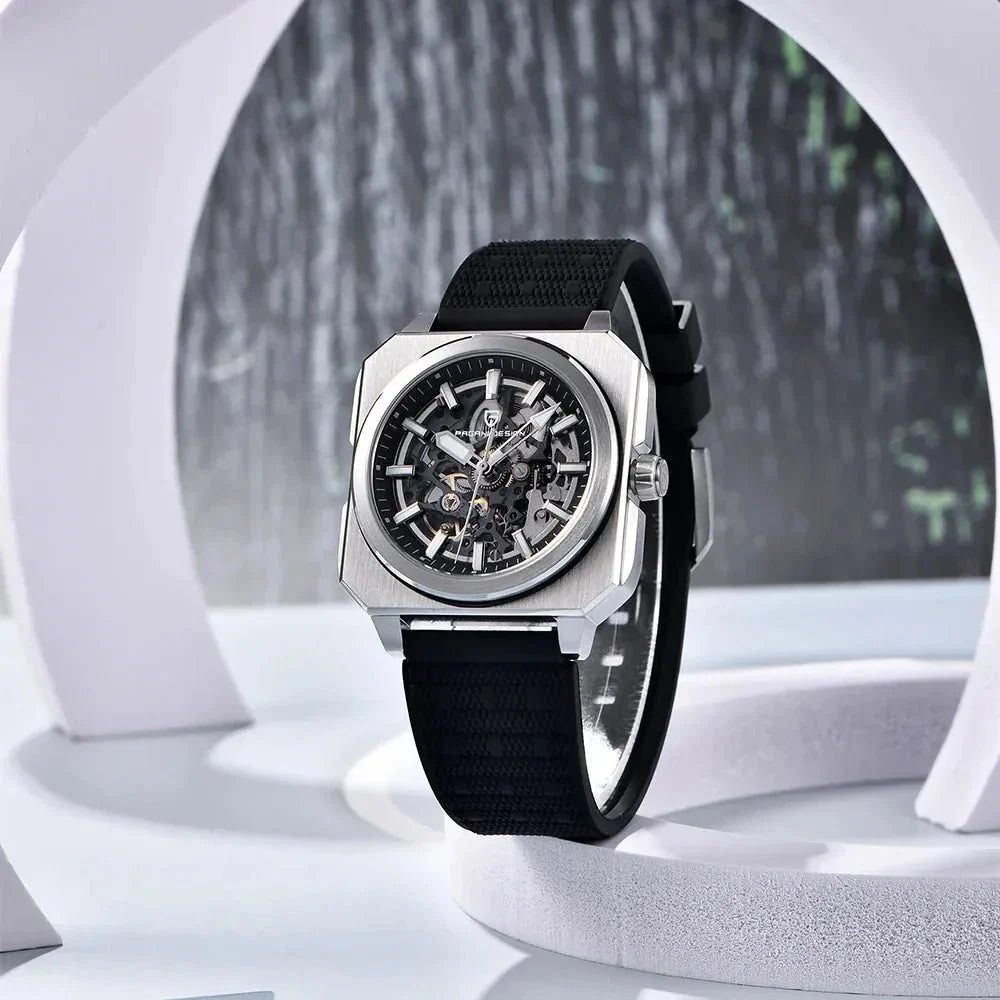 Pagani Design black skeleton automatic, octagonal steel case and black rubber strap, three-quarter view