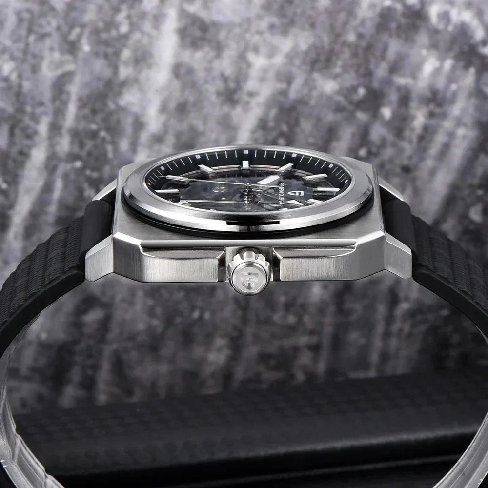 Pagani Design black skeleton automatic, side profile showing case flank and screw-down style crown
