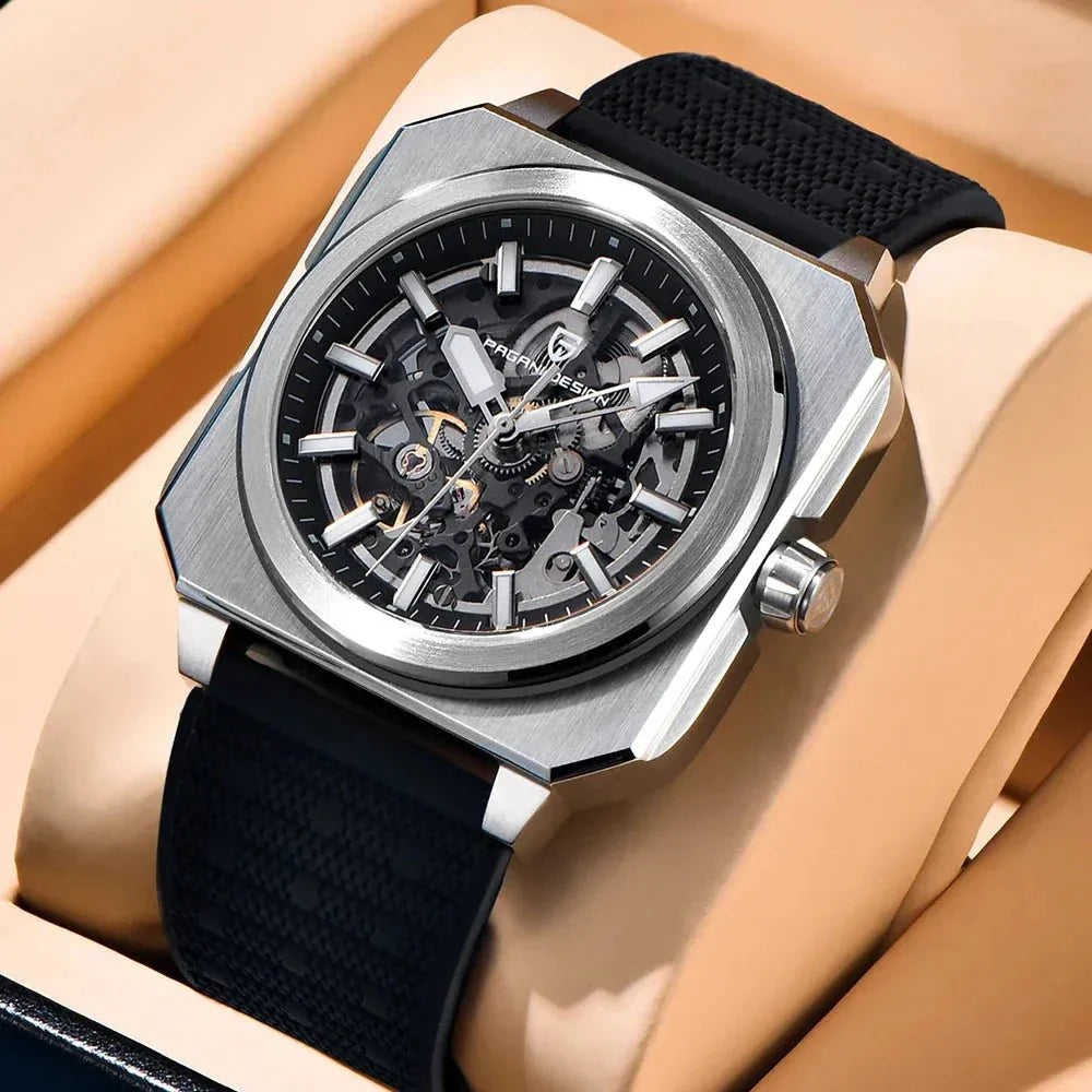Pagani Design black skeleton automatic angled in a watch box, black textured rubber strap