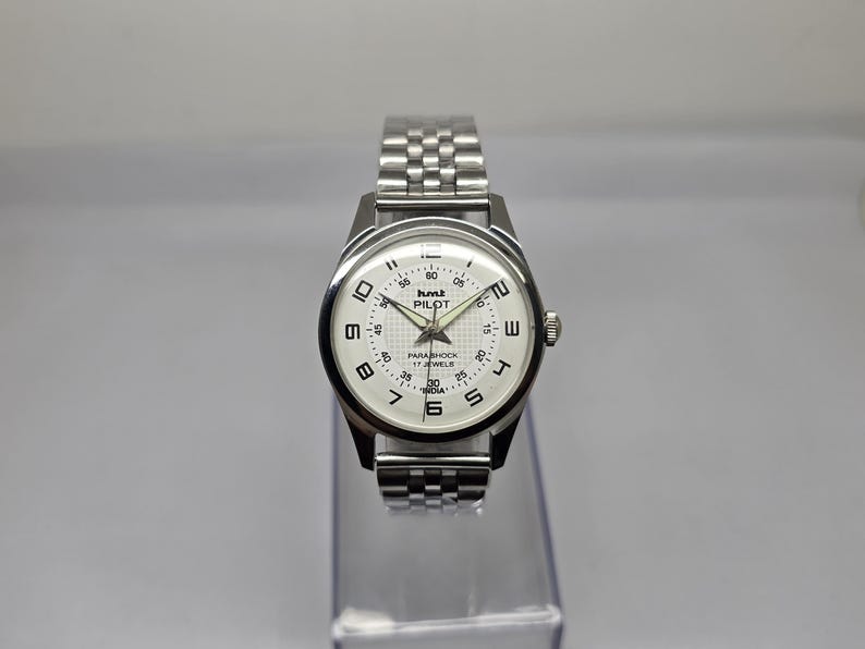 Vintage HMT Pilot white dial watch with steel bracelet