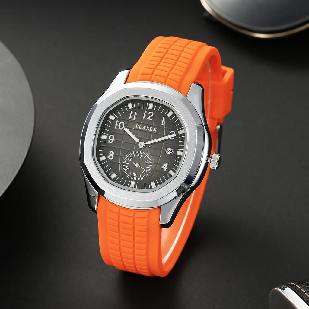 PLADEN orange silicone sport watch angled front view