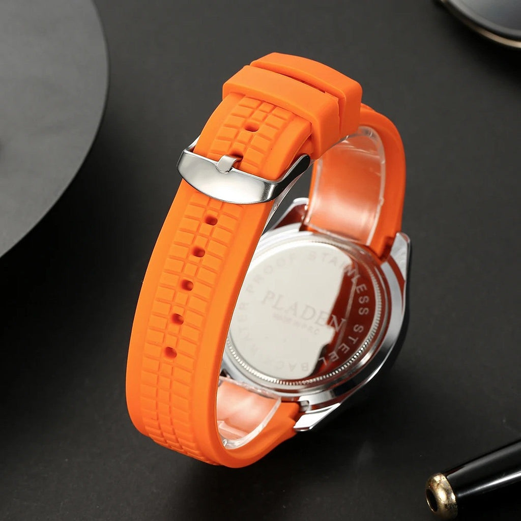 PLADEN orange silicone sport watch caseback and strap
