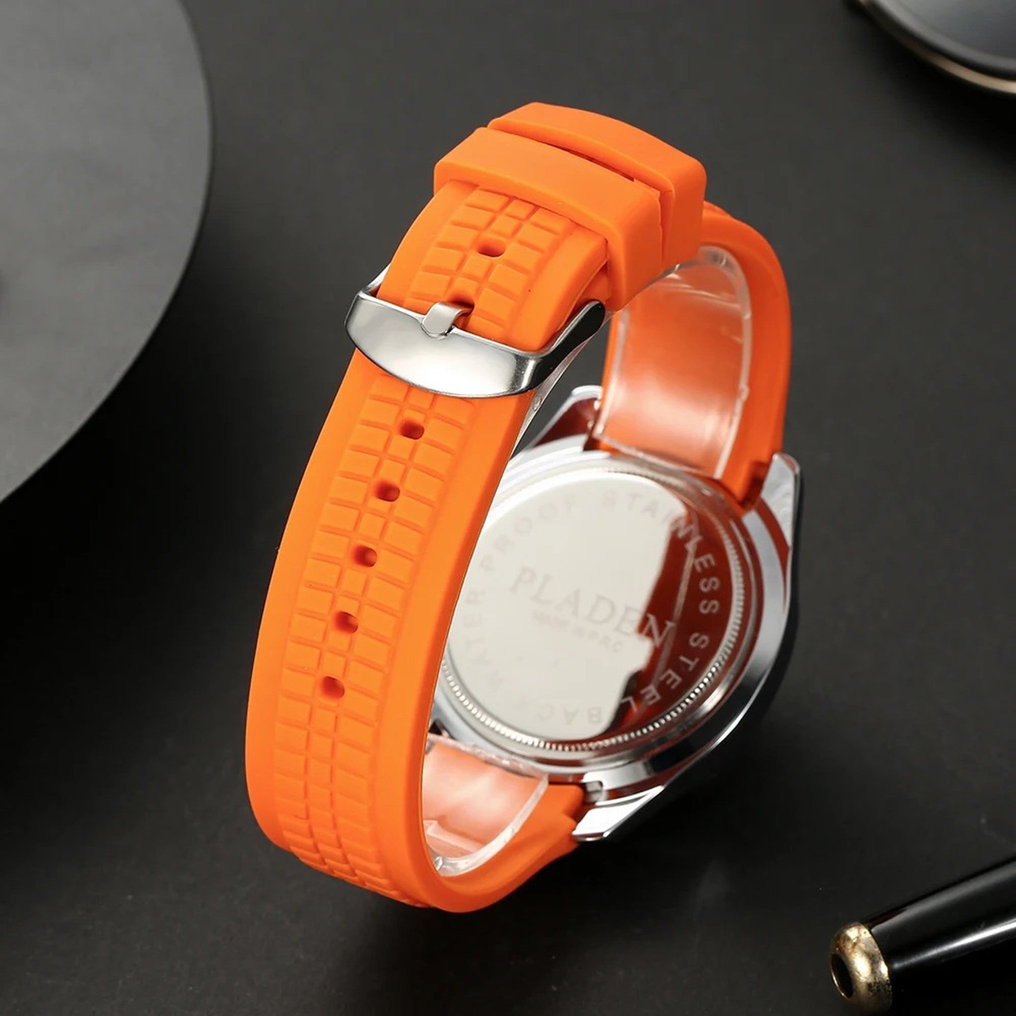 PLADEN orange silicone sport watch caseback and strap